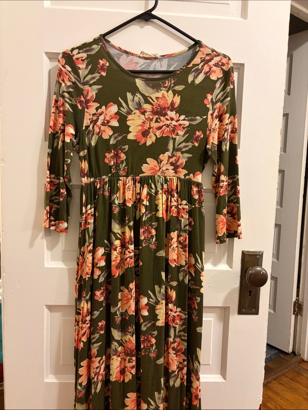 Altar’d State Olive Green Floral Maxi Dress with Peach Blooms